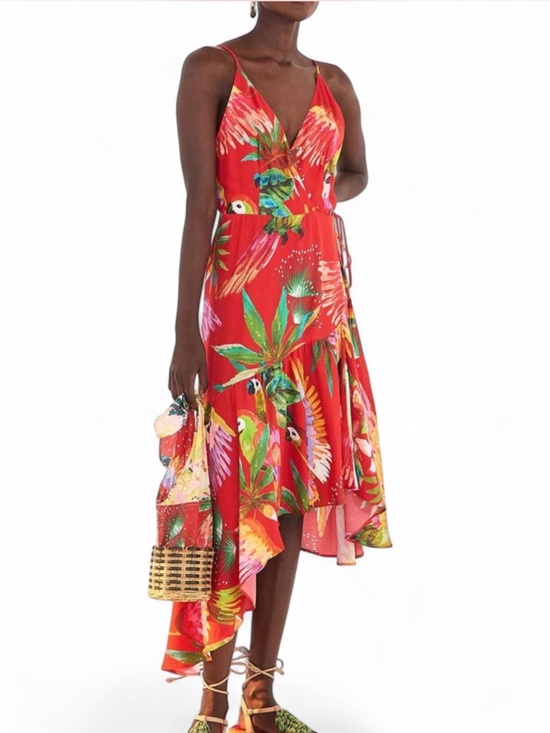 FARM Rio Dresses & Skirts - FARM Rio Red Macaw Wrap Dress, vibrant, tropical print, wrap silhouette, Sz M